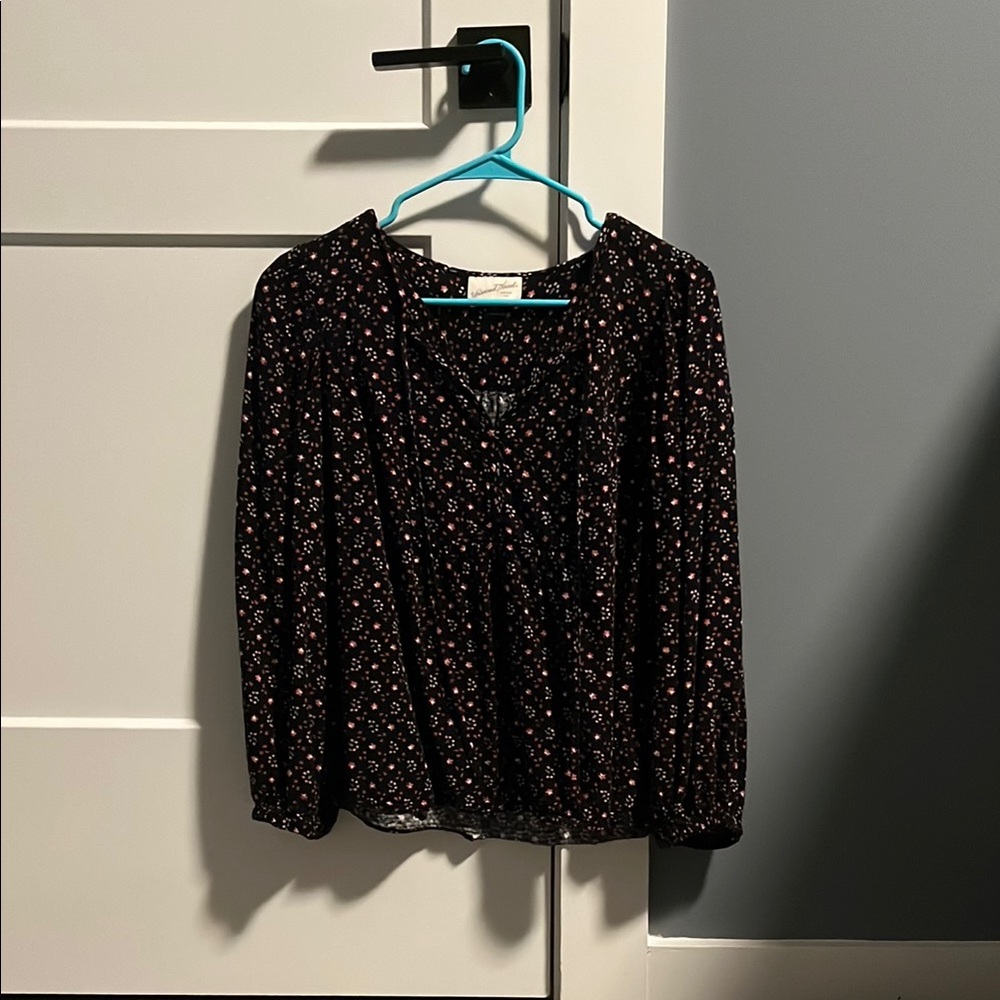 Universal Thread Black Blouse with Ruched Sleeves and Mandarin Collar